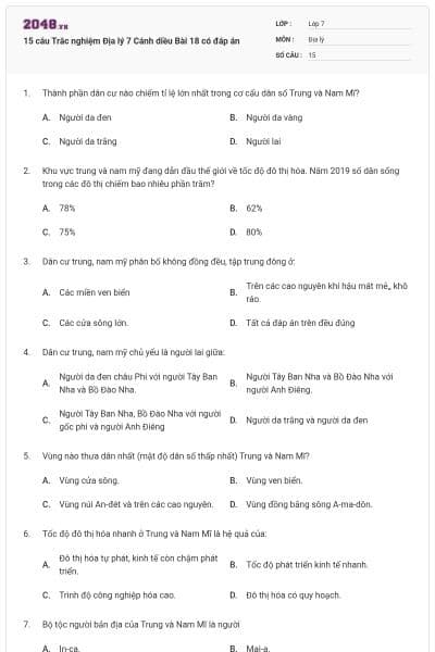 15 câu Trắc nghiệm Địa lý 7 Cánh diều Bài 18 có đáp án