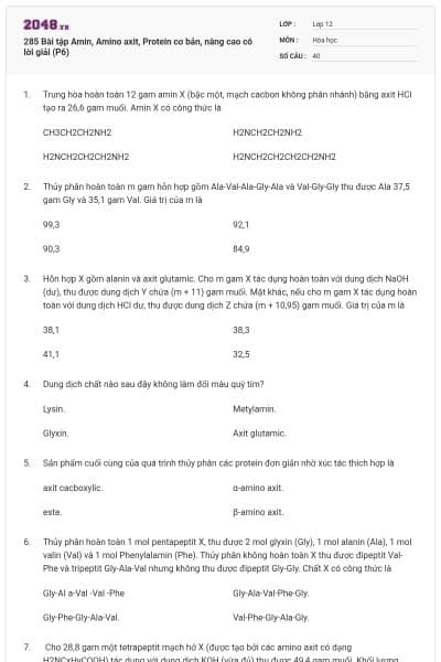 285 Bài tập Amin, Amino axit, Protein cơ bản, nâng cao có lời giải (P6)