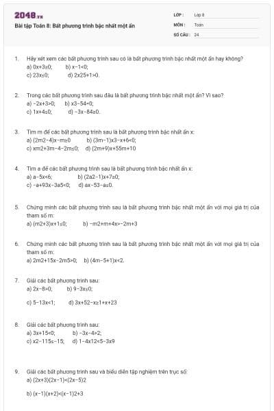 Bài tập Toán 8: Bất phương trình bậc nhất một ẩn