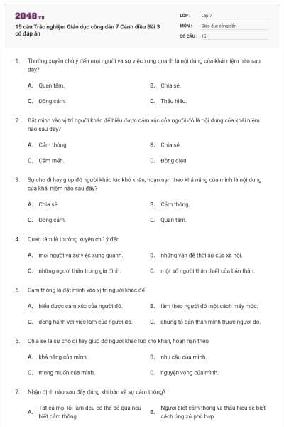 15 câu Trắc nghiệm Giáo dục công dân 7 Cánh diều Bài 3 có đáp án
