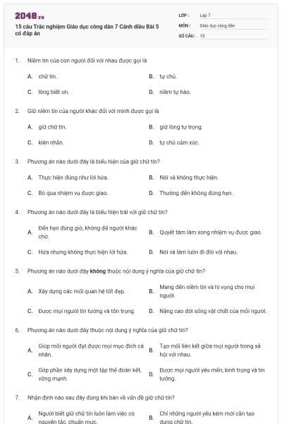 15 câu Trắc nghiệm Giáo dục công dân 7 Cánh diều Bài 5 có đáp án
