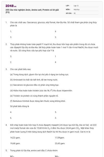 205 Câu trắc nghiệm Amin, Amino axit, Protein có lời giải (P3)