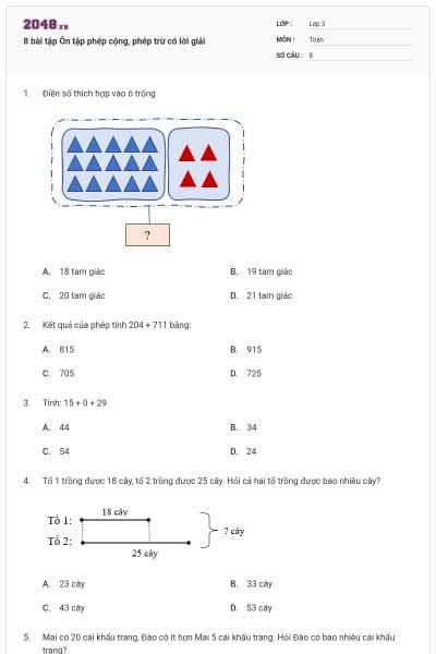 8 bài tập Ôn tập phép cộng, phép trừ có lời giải