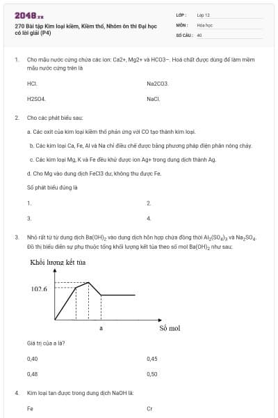 270 Bài tập Kim loại kiềm, Kiềm thổ, Nhôm ôn thi Đại học có lời giải (P4)
