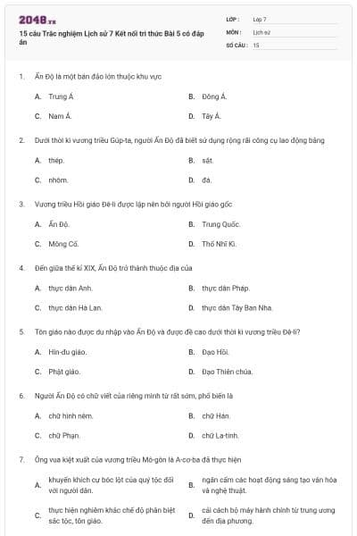 15 câu Trắc nghiệm Lịch sử 7 Kết nối tri thức Bài 5 có đáp án