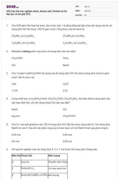 455 Câu hỏi trắc nghiệm Amin, Amino axit, Protein ôn thi Đại học có lời giải (P2)