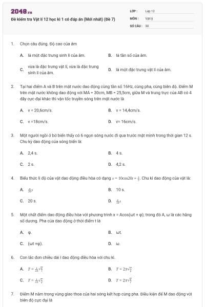Đề kiểm tra Vật lí 12 học kì 1 có đáp án (Mới nhất) (Đề 7)