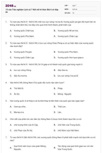 15 câu Trắc nghiệm Lịch sử 7 Kết nối tri thức Bài 6 có đáp án