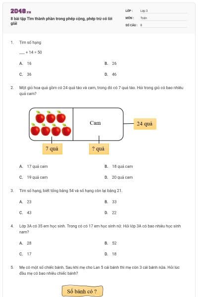 8 bài tập Tìm thành phần trong phép cộng, phép trừ có lời giải