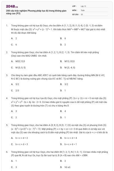 200 câu trắc nghiệm Phương pháp tọa độ trong không gian nâng cao (P3)