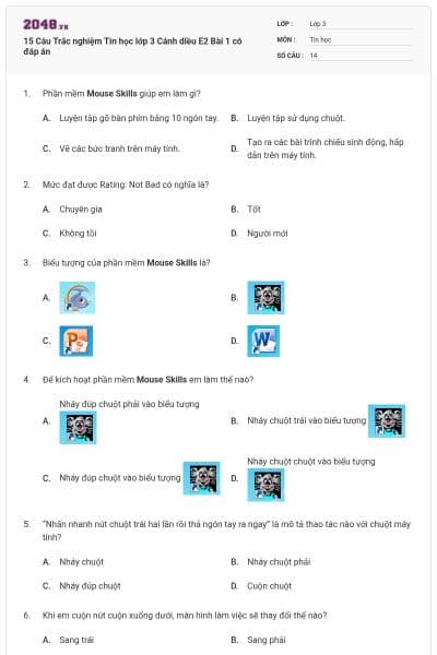 15 Câu Trắc nghiệm Tin học lớp 3 Cánh diều E2 Bài 1 có đáp án