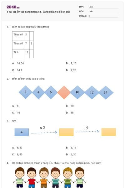 8 bài tập Ôn tập bảng nhân 2; 5, Bảng chia 2; 5 có lời giải