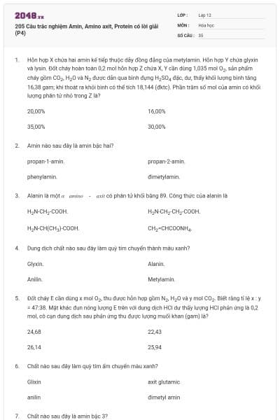 205 Câu trắc nghiệm Amin, Amino axit, Protein có lời giải (P4)