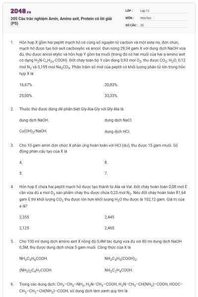 205 Câu trắc nghiệm Amin, Amino axit, Protein có lời giải (P5)