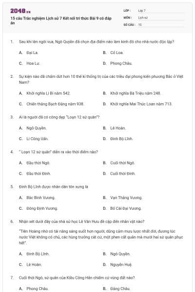 15 câu Trắc nghiệm Lịch sử 7 Kết nối tri thức Bài 9 có đáp án