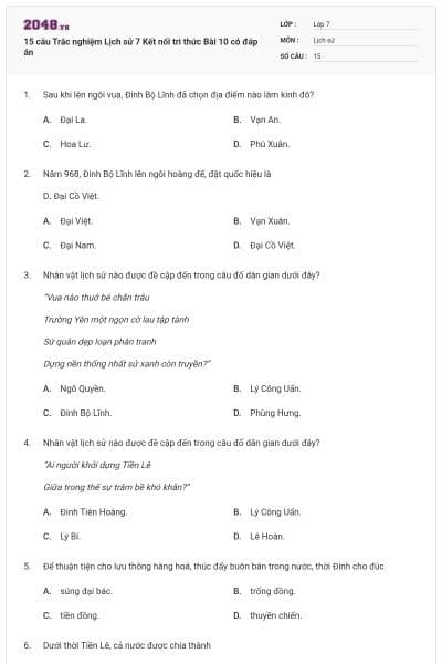 15 câu Trắc nghiệm Lịch sử 7 Kết nối tri thức Bài 10 có đáp án