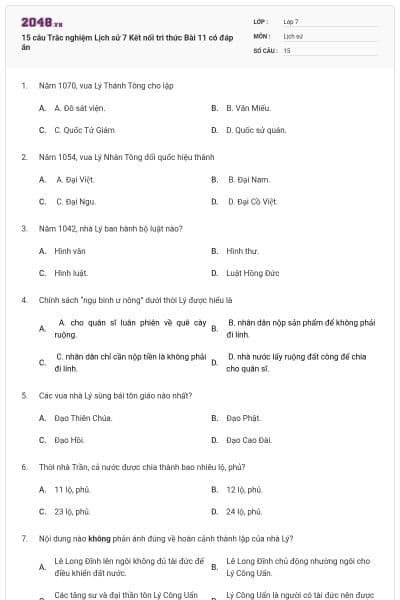 15 câu Trắc nghiệm Lịch sử 7 Kết nối tri thức Bài 11 có đáp án