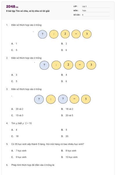 8 bài tập Tìm số chia, số bị chia có lời giải