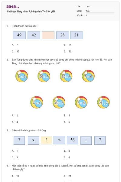 8 bài tập Bảng nhân 7, bảng chia 7 có lời giải