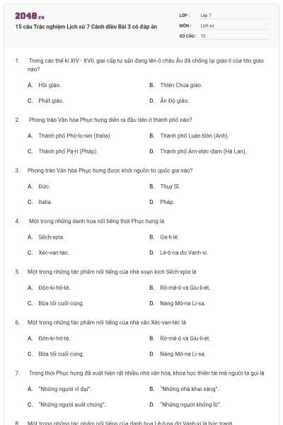 15 câu Trắc nghiệm Lịch sử 7 Cánh diều Bài 3 có đáp án