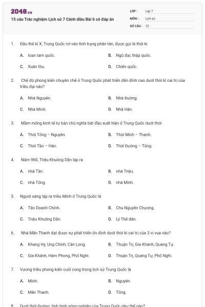 15 câu Trắc nghiệm Lịch sử 7 Cánh diều Bài 6 có đáp án