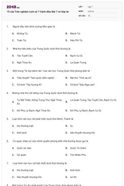 15 câu Trắc nghiệm Lịch sử 7 Cánh diều Bài 7 có đáp án