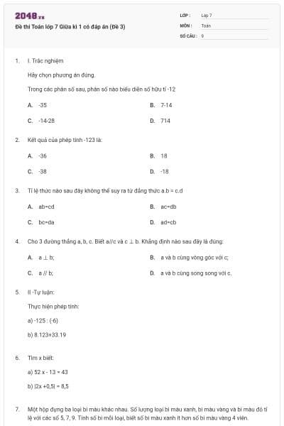 Đề thi Toán lớp 7 Giữa kì 1 có đáp án (Đề 3)