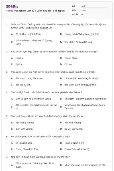 15 câu Trắc nghiệm Lịch sử 7 Cánh diều Bài 13 có đáp án