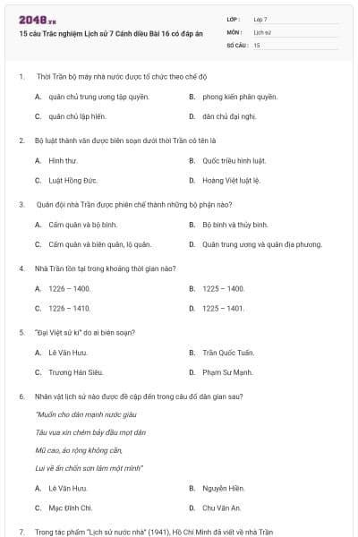 15 câu Trắc nghiệm Lịch sử 7 Cánh diều Bài 16 có đáp án