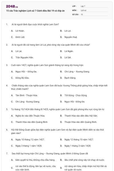 15 câu Trắc nghiệm Lịch sử 7 Cánh diều Bài 19 có đáp án