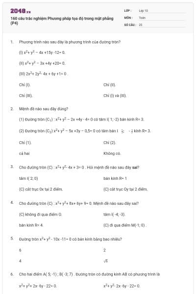 160 câu trắc nghiệm Phương pháp tọa độ trong mặt phẳng (P4)