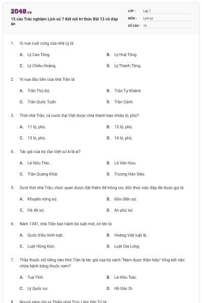 15 câu Trắc nghiệm Lịch sử 7 Kết nối tri thức Bài 13 có đáp án