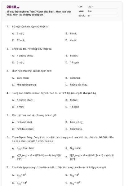15 câu Trắc nghiệm Toán 7 Cánh diều Bài 1: Hình hộp chữ nhật. Hình lập phương có đáp án