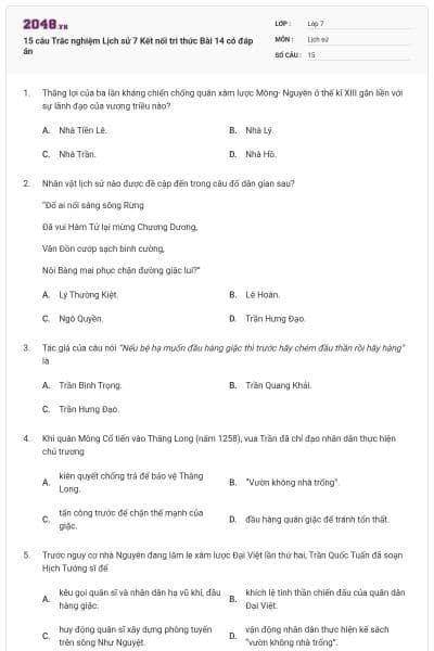 15 câu Trắc nghiệm Lịch sử 7 Kết nối tri thức Bài 14 có đáp án