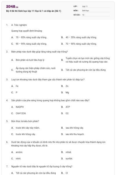 Bộ 4 Đề thi Sinh học lớp 11 Học kì 1 có đáp án (Đề 1)