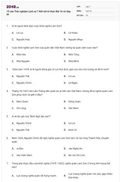 15 câu Trắc nghiệm Lịch sử 7 Kết nối tri thức Bài 16 có đáp án