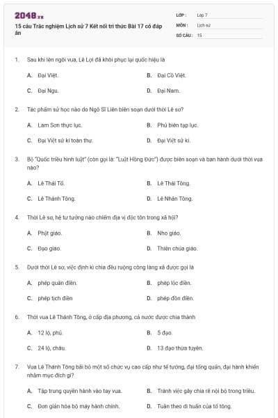 15 câu Trắc nghiệm Lịch sử 7 Kết nối tri thức Bài 17 có đáp án