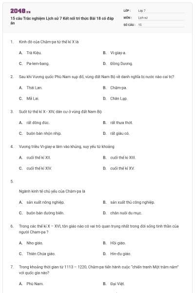15 câu Trắc nghiệm Lịch sử 7 Kết nối tri thức Bài 18 có đáp án