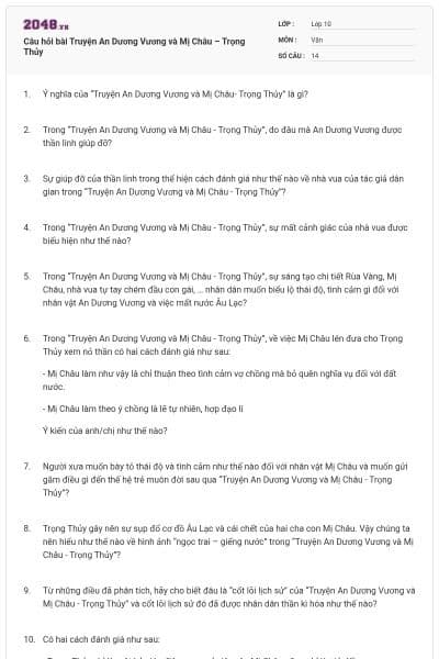 Câu hỏi bài Truyện An Dương Vương và Mị Châu – Trọng Thủy