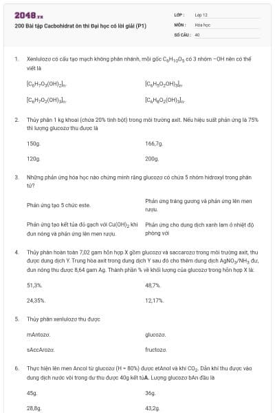 200 Bài tập Cacbohidrat ôn thi Đại học có lời giải (P1)