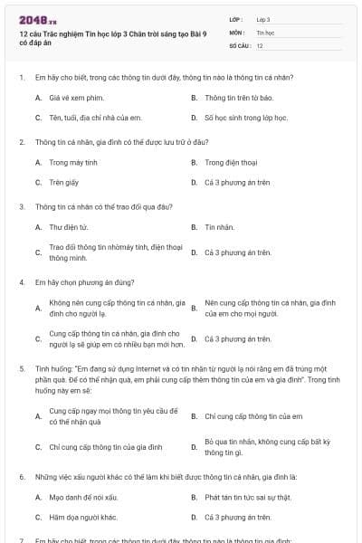 12 câu Trắc nghiệm Tin học lớp 3 Chân trời sáng tạo Bài 9 có đáp án