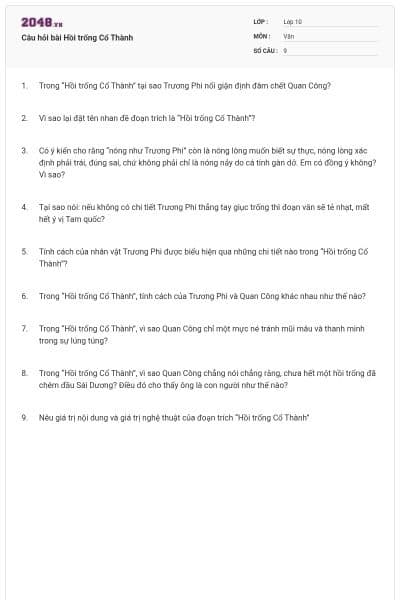 Câu hỏi bài Hồi trống Cổ Thành