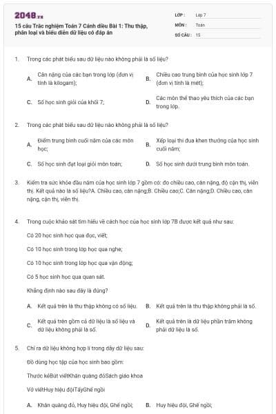 15 câu Trắc nghiệm Toán 7 Cánh diều Bài 1: Thu thập, phân loại và biểu diễn dữ liệu có đáp án