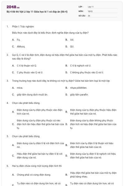 Bộ 4 Đề thi Vật Lí lớp 11 Giữa học kì 1 có đáp án (Đề 4)