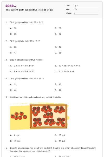 8 bài tập Tính giá trị của biểu thức (Tiếp) có lời giải