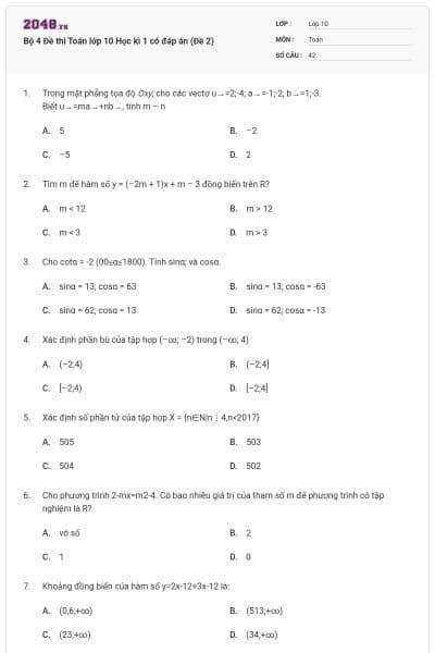 Bộ 4 Đề thi Toán lớp 10 Học kì 1 có đáp án (Đề 2)