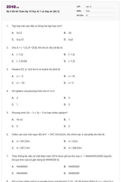 Bộ 4 Đề thi Toán lớp 10 Học kì 1 có đáp án (Đề 3)
