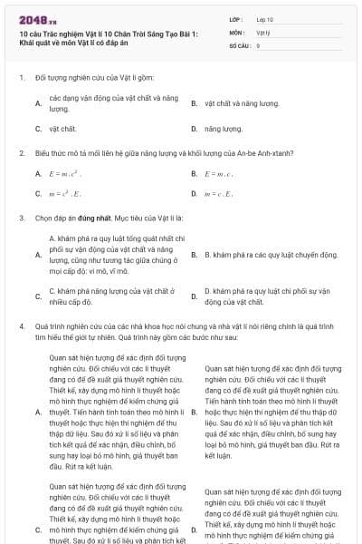 10 câu Trắc nghiệm Vật lí 10 Chân Trời Sáng Tạo Bài 1: Khái quát về môn Vật lí có đáp án