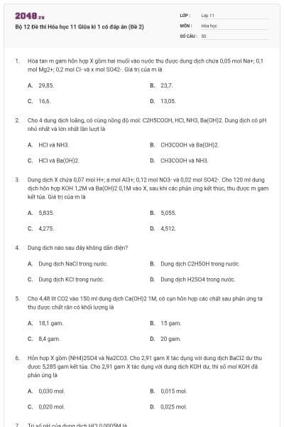 Bộ 12 Đề thi Hóa học 11 Giữa kì 1 có đáp án (Đề 2)