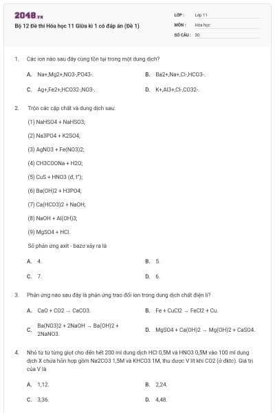 Bộ 12 Đề thi Hóa học 11 Giữa kì 1 có đáp án (Đề 1)